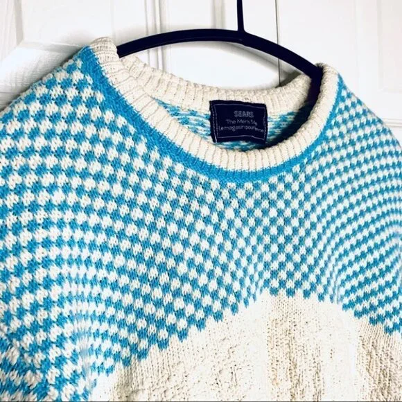 SEARS GRANDPA BLUE OFF WHITE KNIT SWEATER OVERSIZED TOP UNISEX WOMEN MEDIUM - Picture 5 of 10